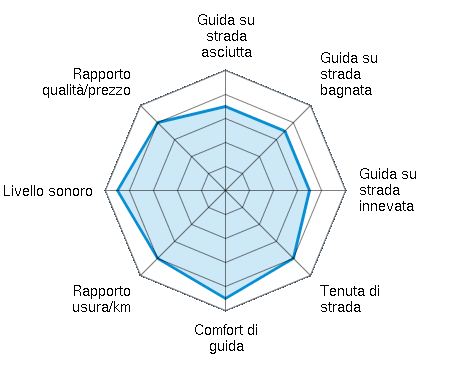 Guida su strada asciutta 3.50/5 | Guida su strada bagnata 3.50/5 | Guida su strada innevata 3.50/5 | Tenuta di strada 4.00/5 | Comfort di guida 4.50/5 | Rapporto usura/km 4.00/5 | Livello sonoro 4.50/5 | Rapporto qualità/prezzo 4.00/5
