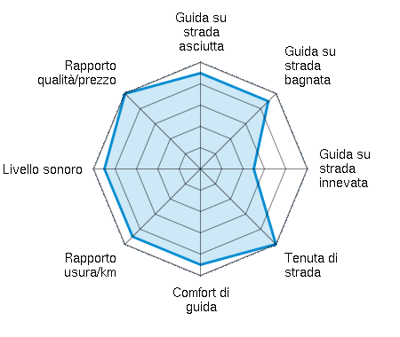 Guida su strada asciutta 4.50/5 | Guida su strada bagnata 4.50/5 | Guida su strada innevata 2.50/5 | Tenuta di strada 5.00/5 | Comfort di guida 4.50/5 | Rapporto usura/km 4.50/5 | Livello sonoro 4.50/5 | Rapporto qualità/prezzo 5.00/5