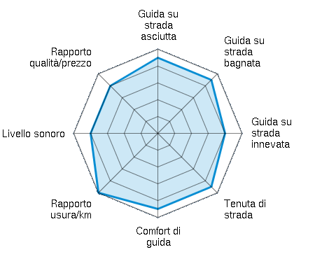 Guida su strada asciutta 4.50/5 | Guida su strada bagnata 4.50/5 | Guida su strada innevata 4.00/5 | Tenuta di strada 4.50/5 | Comfort di guida 4.50/5 | Rapporto usura/km 5.00/5 | Livello sonoro 4.00/5 | Rapporto qualità/prezzo 4.00/5