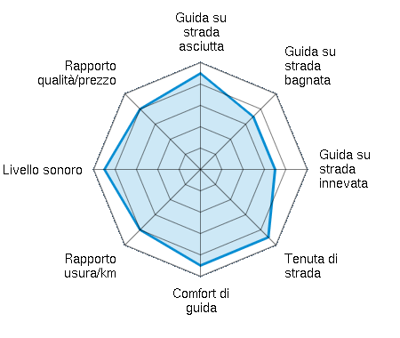 Guida su strada asciutta 4.50/5 | Guida su strada bagnata 3.50/5 | Guida su strada innevata 3.50/5 | Tenuta di strada 4.50/5 | Comfort di guida 4.50/5 | Rapporto usura/km 4.00/5 | Livello sonoro 4.50/5 | Rapporto qualità/prezzo 4.00/5