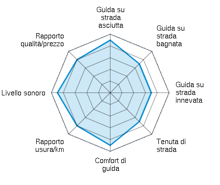Guida su strada asciutta 4.50/5 | Guida su strada bagnata 3.50/5 | Guida su strada innevata 3.50/5 | Tenuta di strada 3.50/5 | Comfort di guida 4.50/5 | Rapporto usura/km 4.00/5 | Livello sonoro 4.50/5 | Rapporto qualità/prezzo 4.00/5