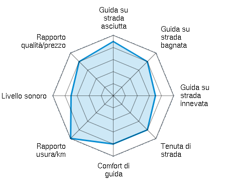 Guida su strada asciutta 4.50/5 | Guida su strada bagnata 4.00/5 | Guida su strada innevata 3.50/5 | Tenuta di strada 4.00/5 | Comfort di guida 4.00/5 | Rapporto usura/km 5.00/5 | Livello sonoro 3.50/5 | Rapporto qualità/prezzo 4.00/5