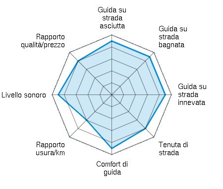 Guida su strada asciutta 4.50/5 | Guida su strada bagnata 4.50/5 | Guida su strada innevata 4.50/5 | Tenuta di strada 4.00/5 | Comfort di guida 4.50/5 | Rapporto usura/km 3.00/5 | Livello sonoro 4.50/5 | Rapporto qualità/prezzo 4.00/5