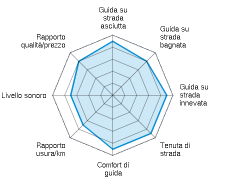 Guida su strada asciutta 4.50/5 | Guida su strada bagnata 4.00/5 | Guida su strada innevata 4.50/5 | Tenuta di strada 4.50/5 | Comfort di guida 4.50/5 | Rapporto usura/km 3.50/5 | Livello sonoro 3.50/5 | Rapporto qualità/prezzo 4.00/5
