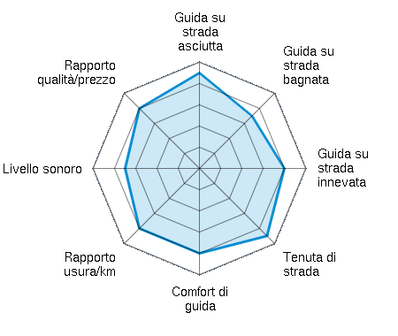 Guida su strada asciutta 4.50/5 | Guida su strada bagnata 3.50/5 | Guida su strada innevata 4.00/5 | Tenuta di strada 4.50/5 | Comfort di guida 4.00/5 | Rapporto usura/km 4.00/5 | Livello sonoro 3.50/5 | Rapporto qualità/prezzo 4.00/5