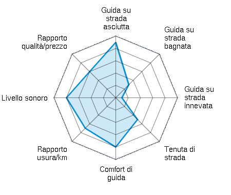 Guida su strada asciutta 4.50/5 | Guida su strada bagnata 1.50/5 | Guida su strada innevata 0.50/5 | Tenuta di strada 2.50/5 | Comfort di guida 4.00/5 | Rapporto usura/km 3.50/5 | Livello sonoro 4.00/5 | Rapporto qualità/prezzo 3.00/5