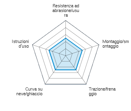 Resistenza ad abrasione/usura 2.50/5 | Montaggio/smontaggio 2.50/5 | Trazione/frenaggio 2.50/5 | Curva su neve/ghiaccio 2.50/5 | Istruzioni d'uso 2.50/5
