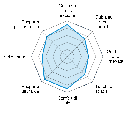 Guida su strada asciutta 4.50/5 | Guida su strada bagnata 3.50/5 | Guida su strada innevata 3.00/5 | Tenuta di strada 3.50/5 | Comfort di guida 4.50/5 | Rapporto usura/km 4.50/5 | Livello sonoro 3.50/5 | Rapporto qualità/prezzo 4.00/5