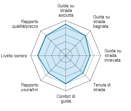 Guida su strada asciutta 4.50/5 | Guida su strada bagnata 4.00/5 | Guida su strada innevata 3.50/5 | Tenuta di strada 3.50/5 | Comfort di guida 4.00/5 | Rapporto usura/km 3.50/5 | Livello sonoro 4.00/5 | Rapporto qualità/prezzo 4.00/5