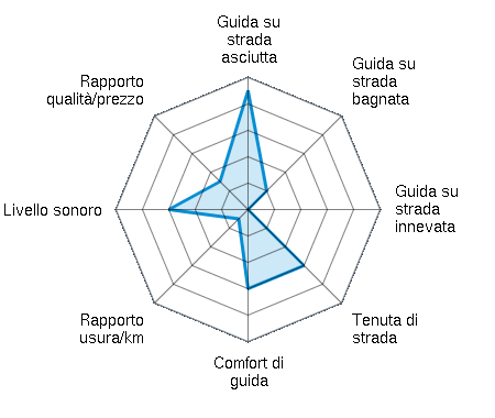 Guida su strada asciutta 4.50/5 | Guida su strada bagnata 1.00/5 | Guida su strada innevata 0.00/5 | Tenuta di strada 3.00/5 | Comfort di guida 3.00/5 | Rapporto usura/km 0.50/5 | Livello sonoro 3.00/5 | Rapporto qualità/prezzo 1.50/5