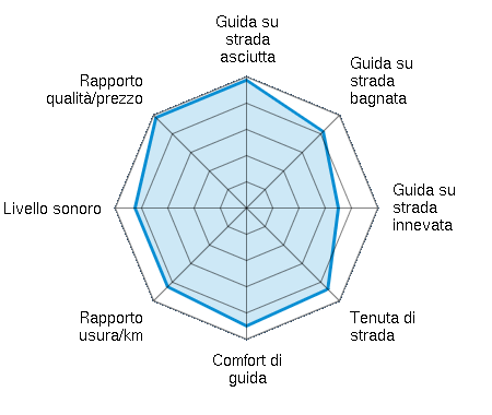 Guida su strada asciutta 4.88/5 | Guida su strada bagnata 4.13/5 | Guida su strada innevata 3.50/5 | Tenuta di strada 4.38/5 | Comfort di guida 4.50/5 | Rapporto usura/km 4.25/5 | Livello sonoro 4.25/5 | Rapporto qualità/prezzo 4.88/5