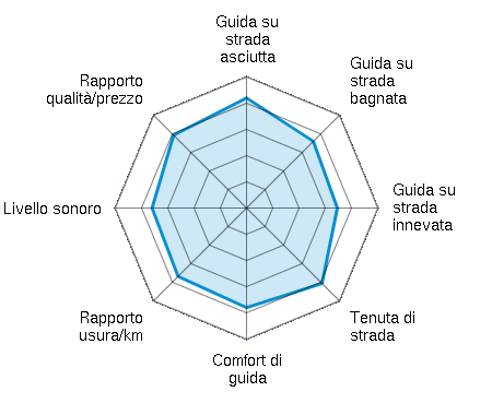 Guida su strada asciutta 4.20/5 | Guida su strada bagnata 3.60/5 | Guida su strada innevata 3.46/5 | Tenuta di strada 4.07/5 | Comfort di guida 3.80/5 | Rapporto usura/km 3.69/5 | Livello sonoro 3.60/5 | Rapporto qualità/prezzo 3.93/5