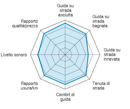 Guida su strada asciutta 4.58/5 | Guida su strada bagnata 4.25/5 | Guida su strada innevata 3.33/5 | Tenuta di strada 4.25/5 | Comfort di guida 4.33/5 | Rapporto usura/km 4.27/5 | Livello sonoro 3.92/5 | Rapporto qualità/prezzo 4.33/5