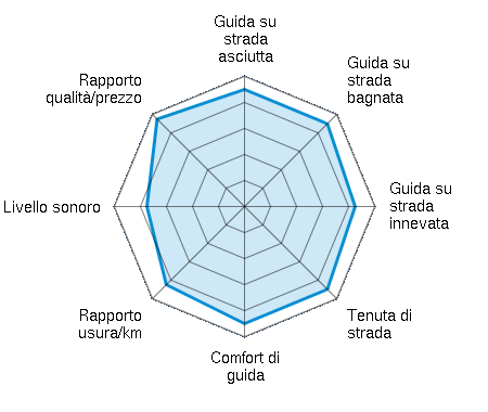 Guida su strada asciutta 4.50/5 | Guida su strada bagnata 4.50/5 | Guida su strada innevata 4.25/5 | Tenuta di strada 4.50/5 | Comfort di guida 4.50/5 | Rapporto usura/km 4.25/5 | Livello sonoro 3.75/5 | Rapporto qualità/prezzo 4.75/5