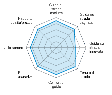 Guida su strada asciutta 4.50/5 | Guida su strada bagnata 4.33/5 | Guida su strada innevata 3.20/5 | Tenuta di strada 4.50/5 | Comfort di guida 4.50/5 | Rapporto usura/km 4.40/5 | Livello sonoro 4.33/5 | Rapporto qualità/prezzo 4.33/5