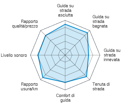 Guida su strada asciutta 4.45/5 | Guida su strada bagnata 4.55/5 | Guida su strada innevata 3.38/5 | Tenuta di strada 4.36/5 | Comfort di guida 3.91/5 | Rapporto usura/km 4.56/5 | Livello sonoro 3.91/5 | Rapporto qualità/prezzo 4.00/5