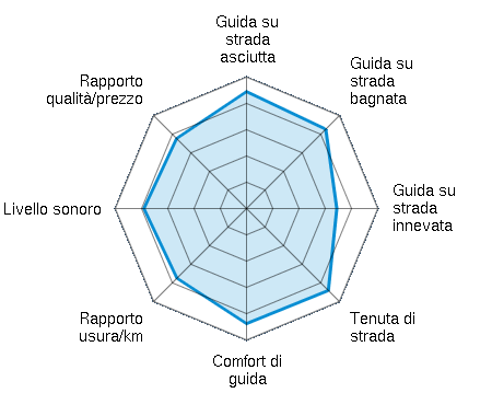 Guida su strada asciutta 4.45/5 | Guida su strada bagnata 4.27/5 | Guida su strada innevata 3.44/5 | Tenuta di strada 4.41/5 | Comfort di guida 4.38/5 | Rapporto usura/km 3.75/5 | Livello sonoro 3.91/5 | Rapporto qualità/prezzo 3.77/5