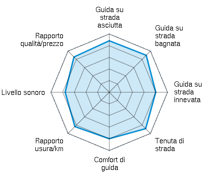 Guida su strada asciutta 4.43/5 | Guida su strada bagnata 4.50/5 | Guida su strada innevata 4.00/5 | Tenuta di strada 4.43/5 | Comfort di guida 4.00/5 | Rapporto usura/km 4.18/5 | Livello sonoro 3.79/5 | Rapporto qualità/prezzo 4.29/5