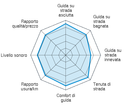 Guida su strada asciutta 4.53/5 | Guida su strada bagnata 4.16/5 | Guida su strada innevata 3.60/5 | Tenuta di strada 4.53/5 | Comfort di guida 4.42/5 | Rapporto usura/km 4.13/5 | Livello sonoro 4.05/5 | Rapporto qualità/prezzo 4.11/5