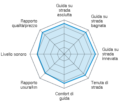 Guida su strada asciutta 4.50/5 | Guida su strada bagnata 4.50/5 | Guida su strada innevata 4.58/5 | Tenuta di strada 4.36/5 | Comfort di guida 4.29/5 | Rapporto usura/km 3.91/5 | Livello sonoro 3.93/5 | Rapporto qualità/prezzo 4.50/5