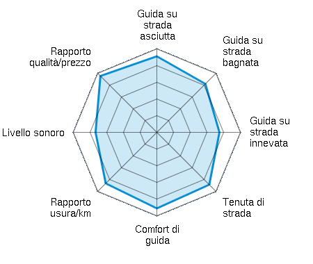 Guida su strada asciutta 4.56/5 | Guida su strada bagnata 4.11/5 | Guida su strada innevata 3.75/5 | Tenuta di strada 4.44/5 | Comfort di guida 4.56/5 | Rapporto usura/km 4.33/5 | Livello sonoro 3.67/5 | Rapporto qualità/prezzo 4.78/5