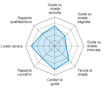 Guida su strada asciutta 3.50/5 | Guida su strada bagnata 2.50/5 | Guida su strada innevata 2.00/5 | Tenuta di strada 3.50/5 | Comfort di guida 4.00/5 | Rapporto usura/km 3.00/5 | Livello sonoro 4.00/5 | Rapporto qualità/prezzo 3.00/5