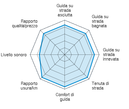 Guida su strada asciutta 4.33/5 | Guida su strada bagnata 4.33/5 | Guida su strada innevata 4.33/5 | Tenuta di strada 4.67/5 | Comfort di guida 4.67/5 | Rapporto usura/km 4.67/5 | Livello sonoro 3.67/5 | Rapporto qualità/prezzo 4.33/5