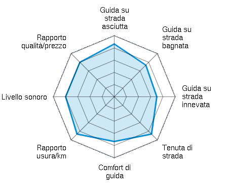 Guida su strada asciutta 4.33/5 | Guida su strada bagnata 3.67/5 | Guida su strada innevata 3.50/5 | Tenuta di strada 4.33/5 | Comfort di guida 3.67/5 | Rapporto usura/km 4.33/5 | Livello sonoro 4.00/5 | Rapporto qualità/prezzo 4.00/5