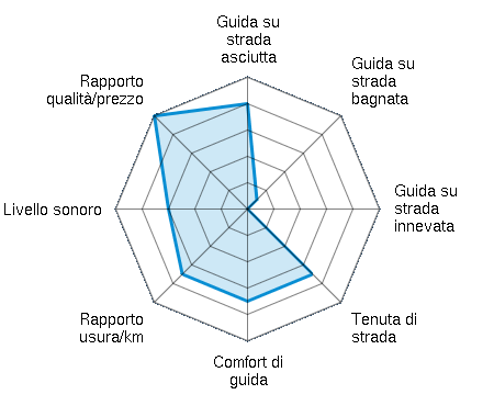 Guida su strada asciutta 4.00/5 | Guida su strada bagnata 0.50/5 | Guida su strada innevata 0.00/5 | Tenuta di strada 3.50/5 | Comfort di guida 3.50/5 | Rapporto usura/km 3.50/5 | Livello sonoro 3.00/5 | Rapporto qualità/prezzo 5.00/5