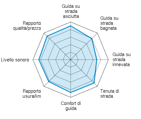 Guida su strada asciutta 4.50/5 | Guida su strada bagnata 3.97/5 | Guida su strada innevata 3.47/5 | Tenuta di strada 4.40/5 | Comfort di guida 4.37/5 | Rapporto usura/km 4.13/5 | Livello sonoro 4.23/5 | Rapporto qualità/prezzo 4.43/5