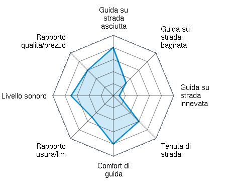Guida su strada asciutta 4.00/5 | Guida su strada bagnata 1.50/5 | Guida su strada innevata 0.50/5 | Tenuta di strada 3.00/5 | Comfort di guida 4.00/5 | Rapporto usura/km 2.50/5 | Livello sonoro 3.50/5 | Rapporto qualità/prezzo 3.00/5