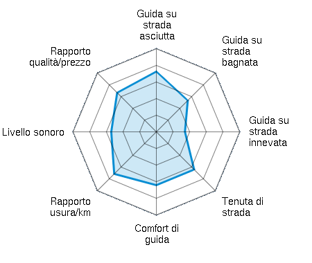 Guida su strada asciutta 3.63/5 | Guida su strada bagnata 2.67/5 | Guida su strada innevata 1.72/5 | Tenuta di strada 3.21/5 | Comfort di guida 3.21/5 | Rapporto usura/km 3.58/5 | Livello sonoro 2.71/5 | Rapporto qualità/prezzo 3.33/5