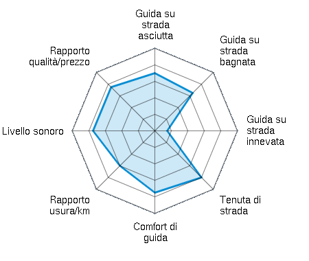 Guida su strada asciutta 3.50/5 | Guida su strada bagnata 3.25/5 | Guida su strada innevata 0.75/5 | Tenuta di strada 4.00/5 | Comfort di guida 3.75/5 | Rapporto usura/km 3.00/5 | Livello sonoro 3.75/5 | Rapporto qualità/prezzo 3.75/5