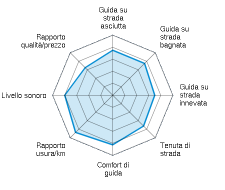 Guida su strada asciutta 3.75/5 | Guida su strada bagnata 3.75/5 | Guida su strada innevata 3.50/5 | Tenuta di strada 3.63/5 | Comfort di guida 4.13/5 | Rapporto usura/km 4.38/5 | Livello sonoro 4.00/5 | Rapporto qualità/prezzo 3.25/5