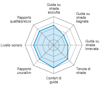 Guida su strada asciutta 3.50/5 | Guida su strada bagnata 2.50/5 | Guida su strada innevata 2.50/5 | Tenuta di strada 3.50/5 | Comfort di guida 4.00/5 | Rapporto usura/km 3.50/5 | Livello sonoro 3.50/5 | Rapporto qualità/prezzo 3.50/5