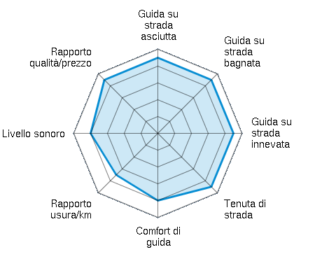 Guida su strada asciutta 4.50/5 | Guida su strada bagnata 4.50/5 | Guida su strada innevata 4.50/5 | Tenuta di strada 4.50/5 | Comfort di guida 4.00/5 | Rapporto usura/km 3.50/5 | Livello sonoro 4.00/5 | Rapporto qualità/prezzo 4.50/5