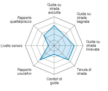 Guida su strada asciutta 3.50/5 | Guida su strada bagnata 2.50/5 | Guida su strada innevata 3.50/5 | Tenuta di strada 3.50/5 | Comfort di guida 1.50/5 | Rapporto usura/km 3.50/5 | Livello sonoro 1.00/5 | Rapporto qualità/prezzo 2.50/5