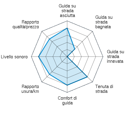 Guida su strada asciutta 4.00/5 | Guida su strada bagnata 1.50/5 | Guida su strada innevata 0.00/5 | Tenuta di strada 4.00/5 | Comfort di guida 4.00/5 | Rapporto usura/km 3.50/5 | Livello sonoro 4.00/5 | Rapporto qualità/prezzo 3.50/5