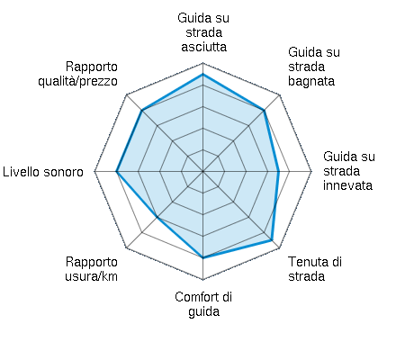 Guida su strada asciutta 4.50/5 | Guida su strada bagnata 4.00/5 | Guida su strada innevata 3.50/5 | Tenuta di strada 4.50/5 | Comfort di guida 4.00/5 | Rapporto usura/km 3.00/5 | Livello sonoro 4.00/5 | Rapporto qualità/prezzo 4.00/5