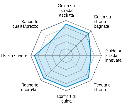 Guida su strada asciutta 4.50/5 | Guida su strada bagnata 4.50/5 | Guida su strada innevata 3.50/5 | Tenuta di strada 4.50/5 | Comfort di guida 4.50/5 | Rapporto usura/km 4.50/5 | Livello sonoro 4.50/5 | Rapporto qualità/prezzo 3.00/5