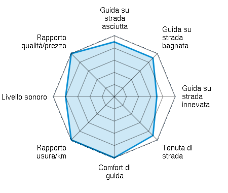 Guida su strada asciutta 4.50/5 | Guida su strada bagnata 4.50/5 | Guida su strada innevata 3.50/5 | Tenuta di strada 4.50/5 | Comfort di guida 5.00/5 | Rapporto usura/km 5.00/5 | Livello sonoro 4.00/5 | Rapporto qualità/prezzo 5.00/5