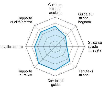 Guida su strada asciutta 3.50/5 | Guida su strada bagnata 2.50/5 | Guida su strada innevata 2.00/5 | Tenuta di strada 3.50/5 | Comfort di guida 4.00/5 | Rapporto usura/km 4.00/5 | Livello sonoro 3.50/5 | Rapporto qualità/prezzo 3.50/5