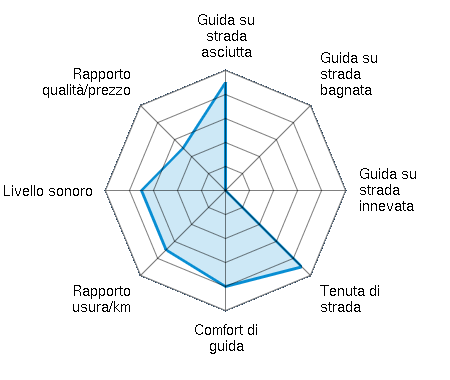 Guida su strada asciutta 4.50/5 | Guida su strada bagnata 0.00/5 | Guida su strada innevata 0.00/5 | Tenuta di strada 4.50/5 | Comfort di guida 4.00/5 | Rapporto usura/km 3.50/5 | Livello sonoro 3.50/5 | Rapporto qualità/prezzo 2.50/5