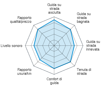 Guida su strada asciutta 4.50/5 | Guida su strada bagnata 4.00/5 | Guida su strada innevata 3.50/5 | Tenuta di strada 4.00/5 | Comfort di guida 4.00/5 | Rapporto usura/km 3.50/5 | Livello sonoro 3.50/5 | Rapporto qualità/prezzo 4.00/5