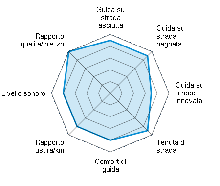 Guida su strada asciutta 4.50/5 | Guida su strada bagnata 4.50/5 | Guida su strada innevata 3.50/5 | Tenuta di strada 4.50/5 | Comfort di guida 4.00/5 | Rapporto usura/km 4.00/5 | Livello sonoro 4.00/5 | Rapporto qualità/prezzo 5.00/5