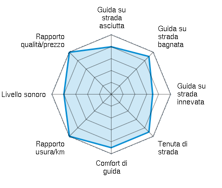 Guida su strada asciutta 4.00/5 | Guida su strada bagnata 4.50/5 | Guida su strada innevata 3.50/5 | Tenuta di strada 4.50/5 | Comfort di guida 4.50/5 | Rapporto usura/km 5.00/5 | Livello sonoro 4.00/5 | Rapporto qualità/prezzo 5.00/5