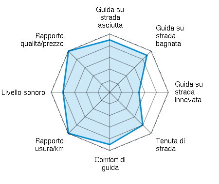 Guida su strada asciutta 4.50/5 | Guida su strada bagnata 4.50/5 | Guida su strada innevata 2.50/5 | Tenuta di strada 4.00/5 | Comfort di guida 4.50/5 | Rapporto usura/km 5.00/5 | Livello sonoro 4.00/5 | Rapporto qualità/prezzo 5.00/5
