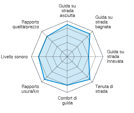 Guida su strada asciutta 4.50/5 | Guida su strada bagnata 4.50/5 | Guida su strada innevata 3.00/5 | Tenuta di strada 4.50/5 | Comfort di guida 4.00/5 | Rapporto usura/km 4.50/5 | Livello sonoro 4.00/5 | Rapporto qualità/prezzo 4.00/5