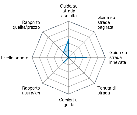 Guida su strada asciutta 2.50/5 | Guida su strada bagnata 0.00/5 | Guida su strada innevata 2.50/5 | Tenuta di strada 0.00/5 | Comfort di guida 0.00/5 | Rapporto usura/km 1.00/5 | Livello sonoro 0.00/5 | Rapporto qualità/prezzo 1.00/5