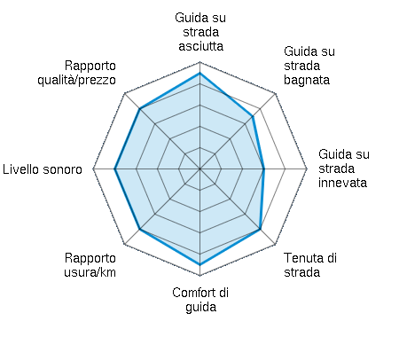 Guida su strada asciutta 4.50/5 | Guida su strada bagnata 3.50/5 | Guida su strada innevata 3.00/5 | Tenuta di strada 4.00/5 | Comfort di guida 4.50/5 | Rapporto usura/km 4.00/5 | Livello sonoro 4.00/5 | Rapporto qualità/prezzo 4.00/5